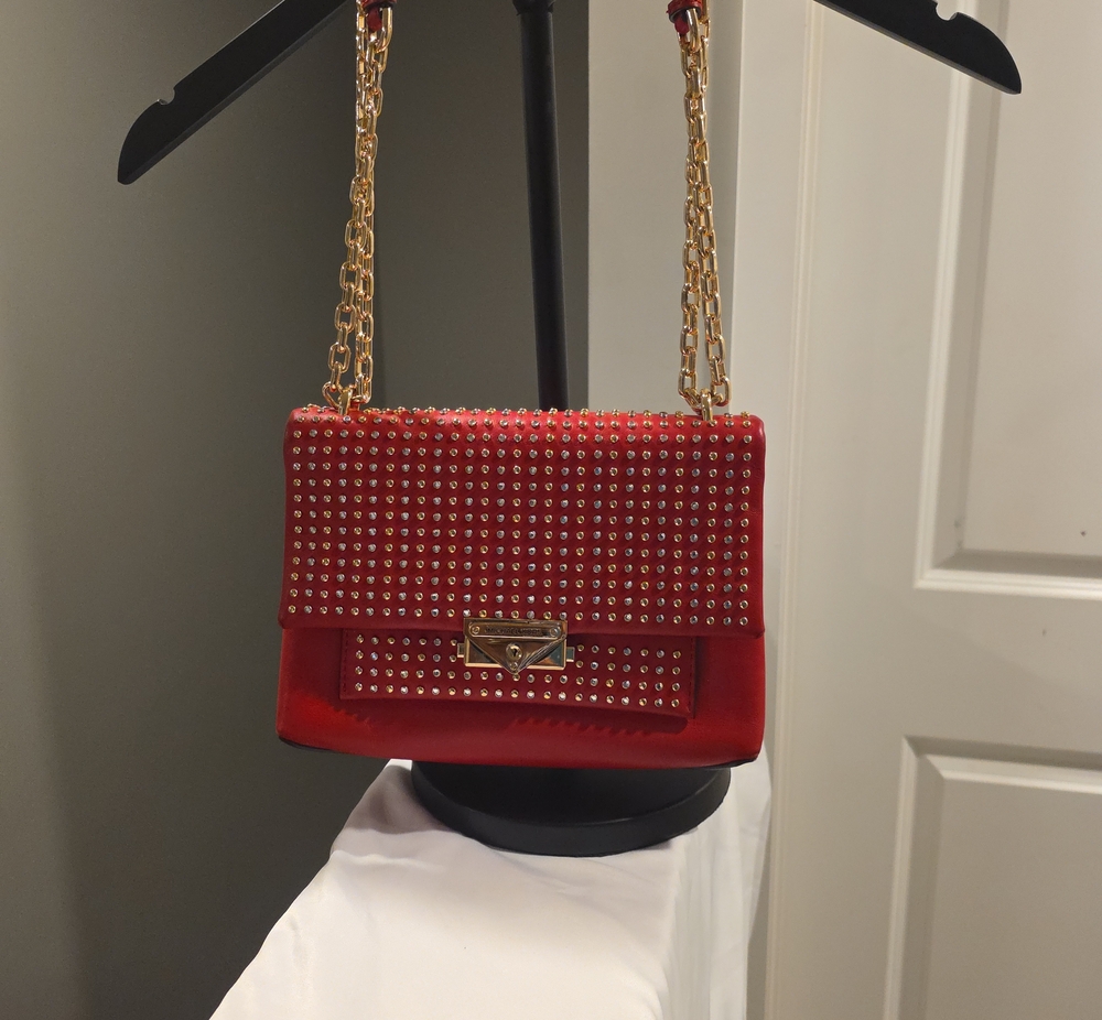 Michael Kors Red Studded Chain Shoulder Bag with Gold Hardware